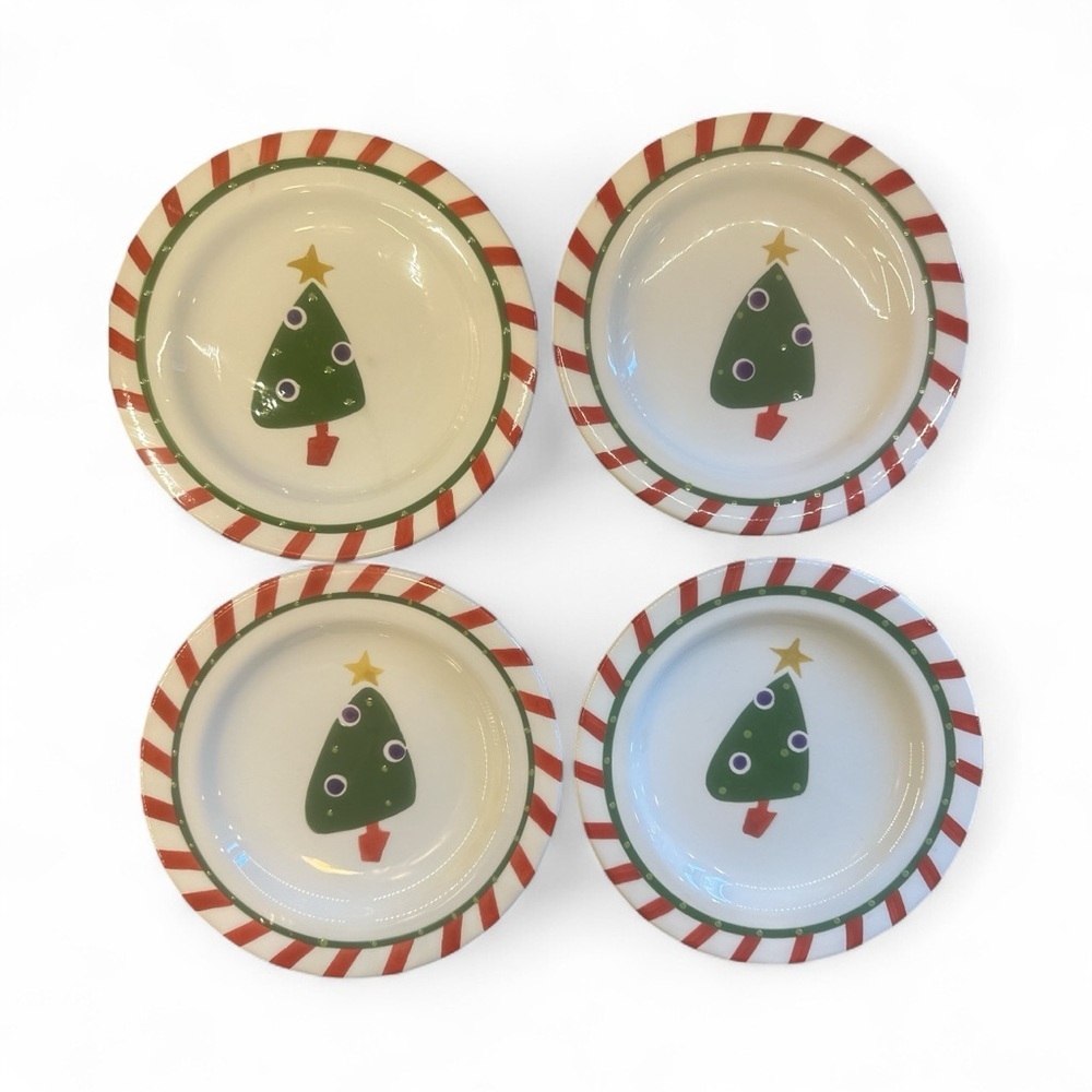 Set Of 4 Pier 1 Hand Painted Ironstone Christmas Tree Salad Dessert Plates 8"